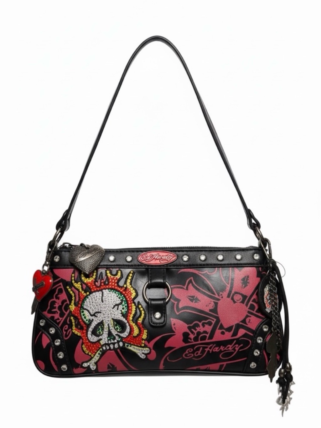 Ed Hardy Black And Pink Flame Skull Shoulder Bag